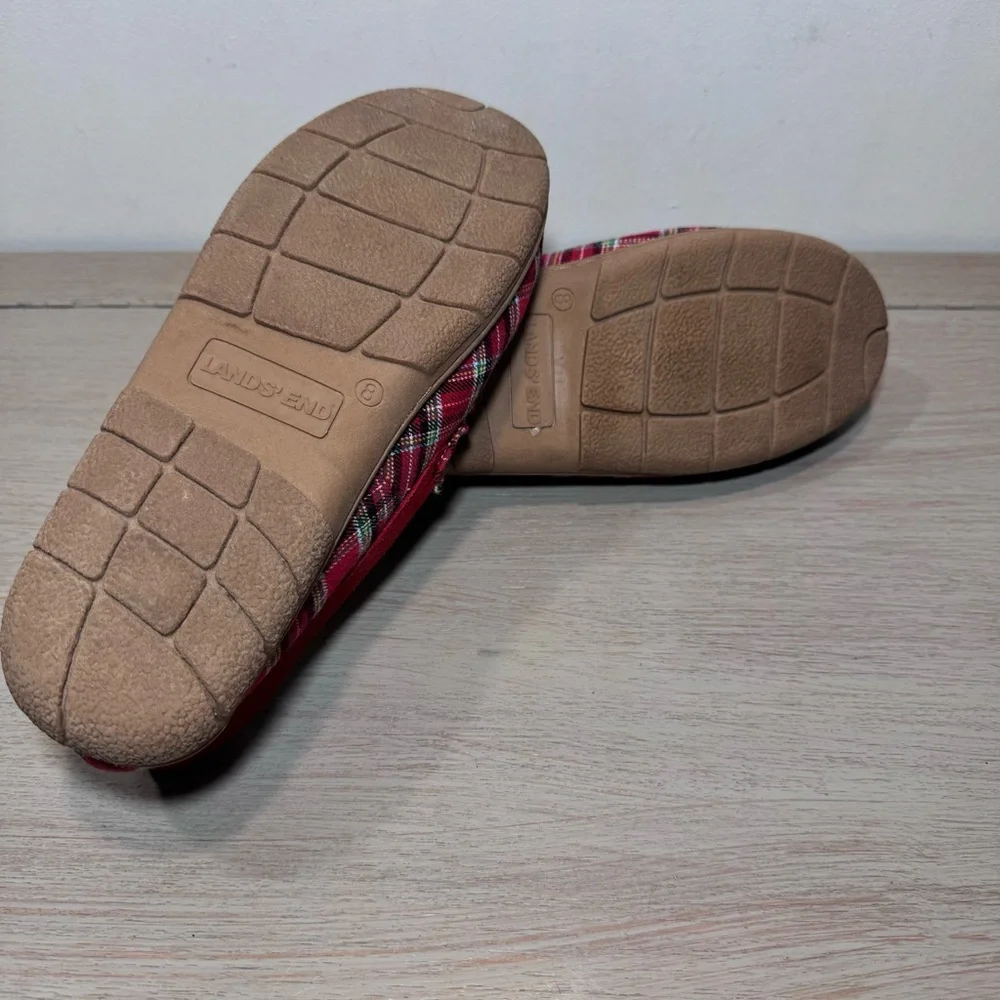 Lands‎ End Men’s Red Plaid Flannel Faux Shearling Lined Moccasin Slippers Size 8